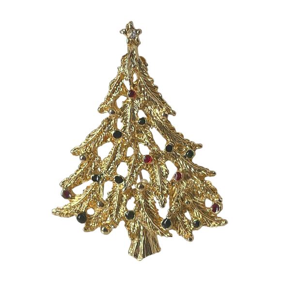 1980s Open Design Gold Plate Multi Colored Enamel Christmas Tree Xmas Pin Brooch - Picture 3 of 3